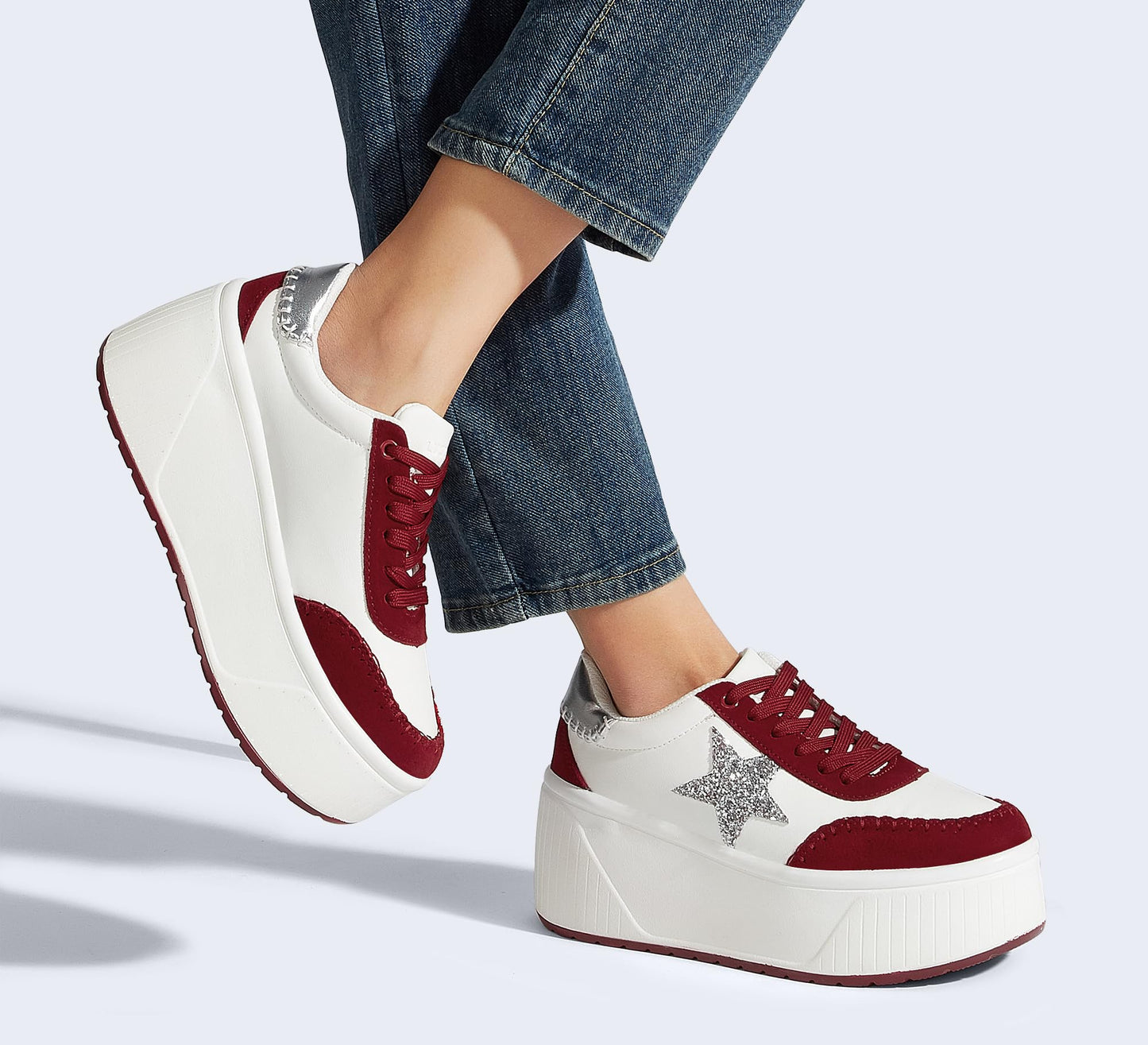 LUCKY STEP Women's Platform Chunky Sneakers Fashion Star Glitter Sparkly Wedge Walking Shoes High Heel Casual Shiny Thick Sole Footwear