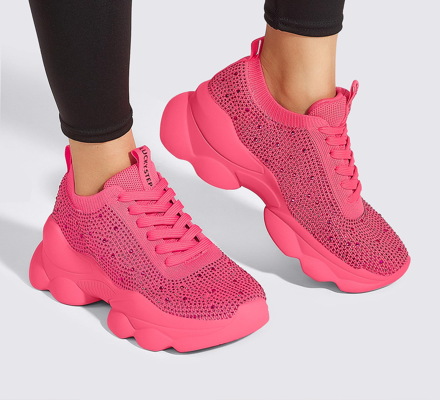 LUCKY STEP Women's Chunky Rhinestone Sneaker Sparkly Bling Bedazzled Mesh Slip on Elastic Sock Glitter Shiny Rave Walking Shoes