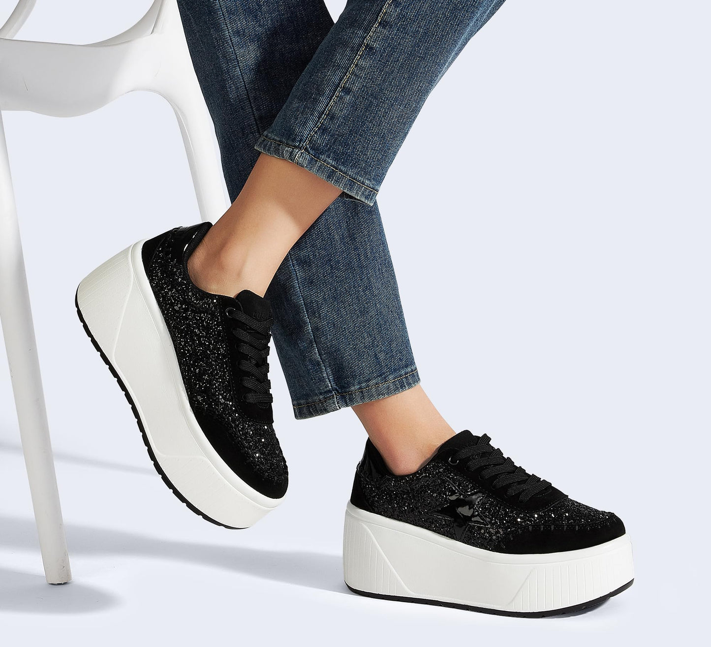 LUCKY STEP Women's Platform Chunky Sneakers Fashion Star Glitter Sparkly Wedge Walking Shoes High Heel Casual Shiny Thick Sole Footwear