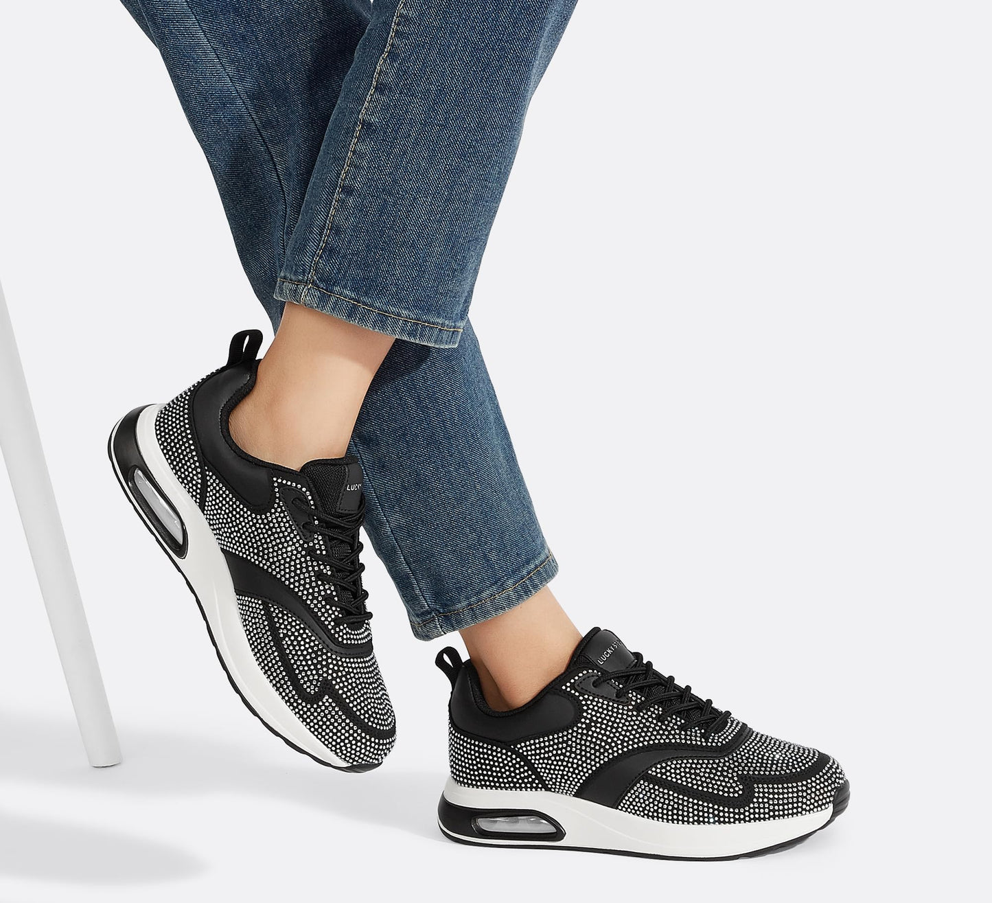 LUCKY STEP Women's Air Cushion Sneakers Rhinestone Fashion Running Gym Jogging Casual Sparkly Arch Support Walking Shoes