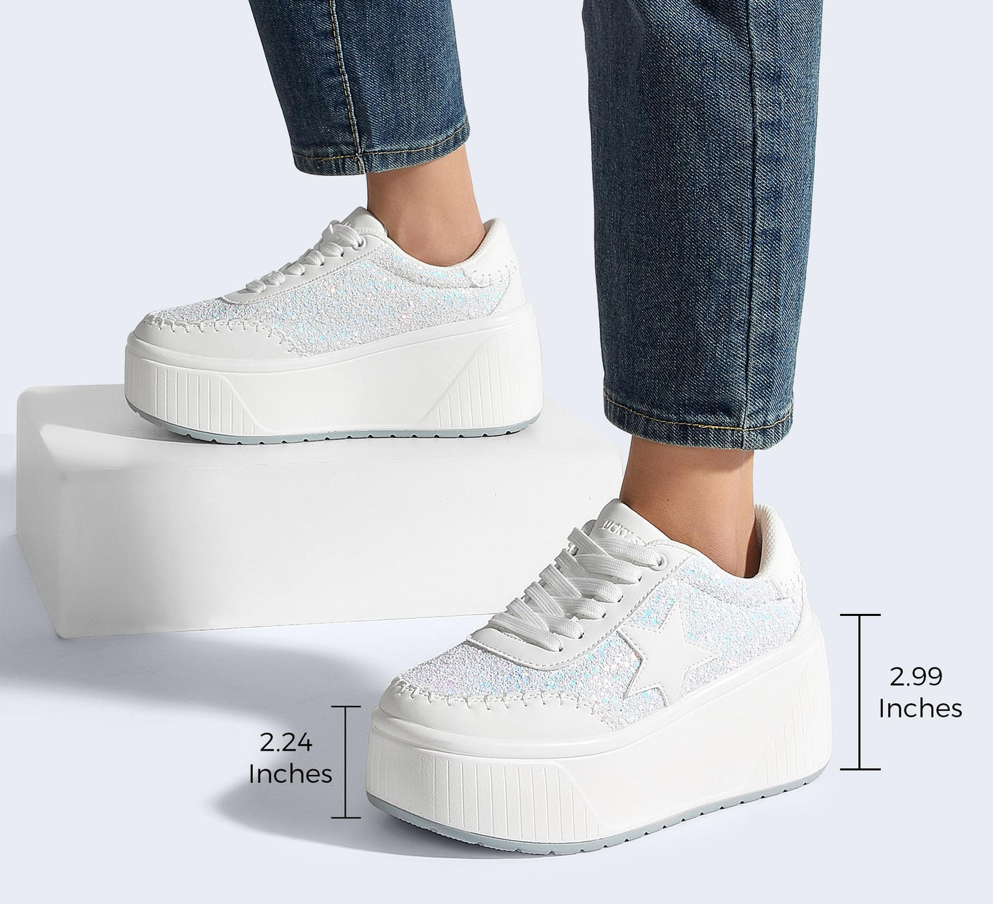 LUCKY STEP Women's Platform Chunky Sneakers Fashion Star Glitter Sparkly Wedge Walking Shoes High Heel Casual Shiny Thick Sole Footwear