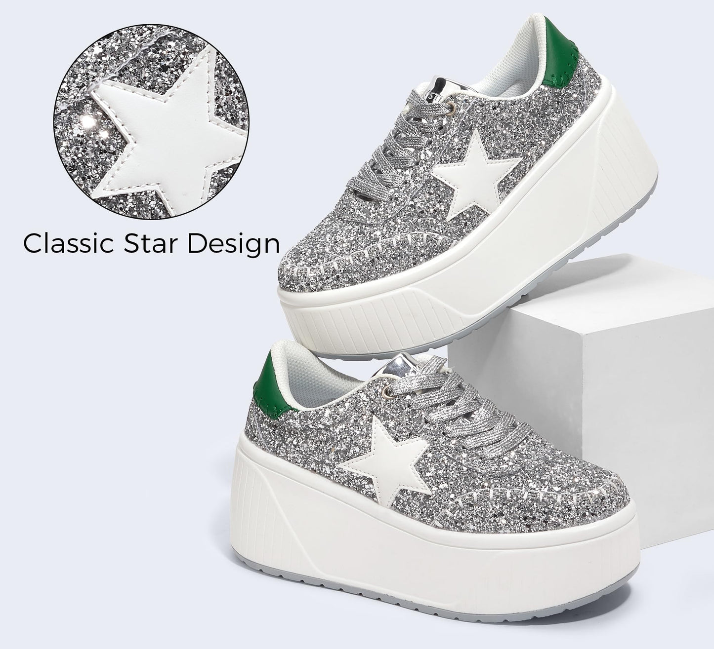 LUCKY STEP Women's Platform Chunky Sneakers Fashion Star Glitter Sparkly Wedge Walking Shoes High Heel Casual Shiny Thick Sole Footwear