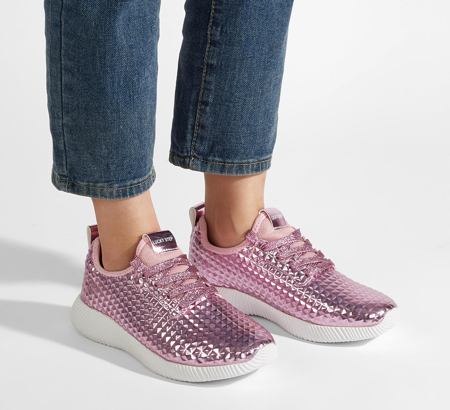 LUCKY STEP Women's Metallic Fashion Sneaker Leatherette Studded Jogger Lightweight Casual Walking Shoes