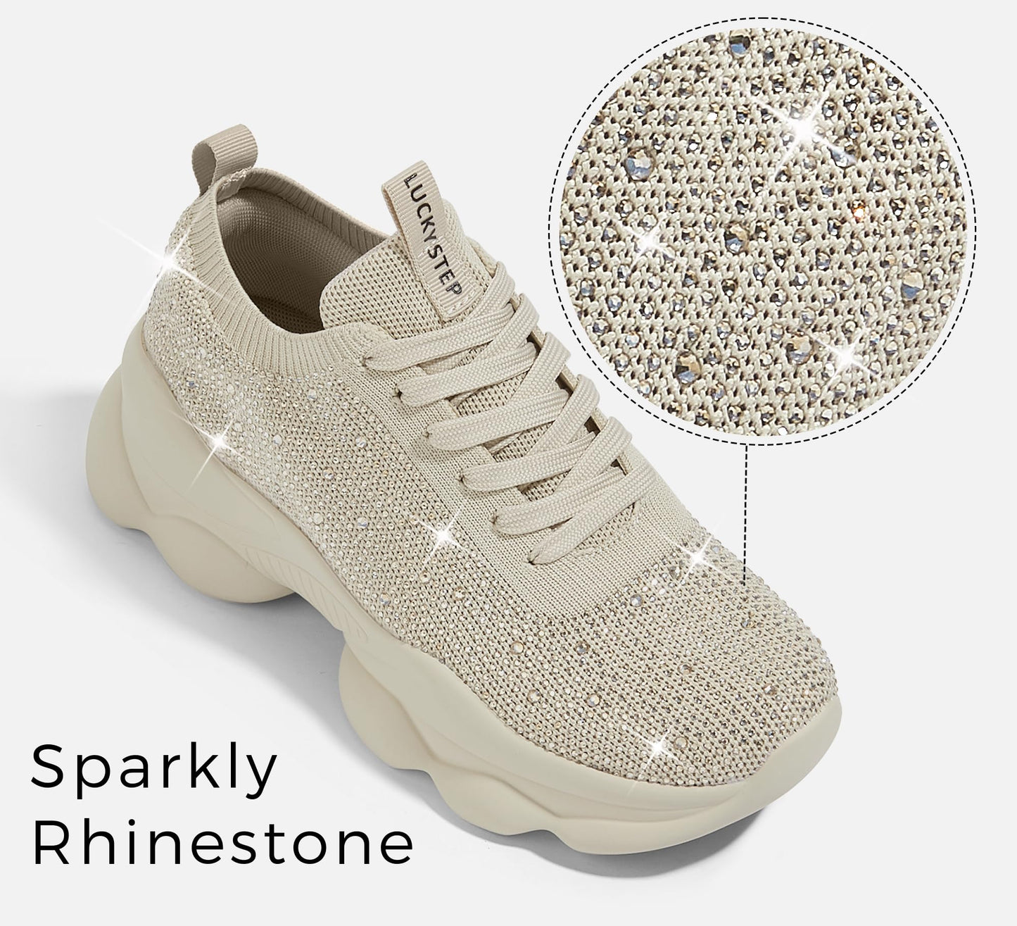 LUCKY STEP Women's Chunky Rhinestone Sneaker Sparkly Bling Bedazzled Mesh Slip on Elastic Sock Glitter Shiny Rave Walking Shoes