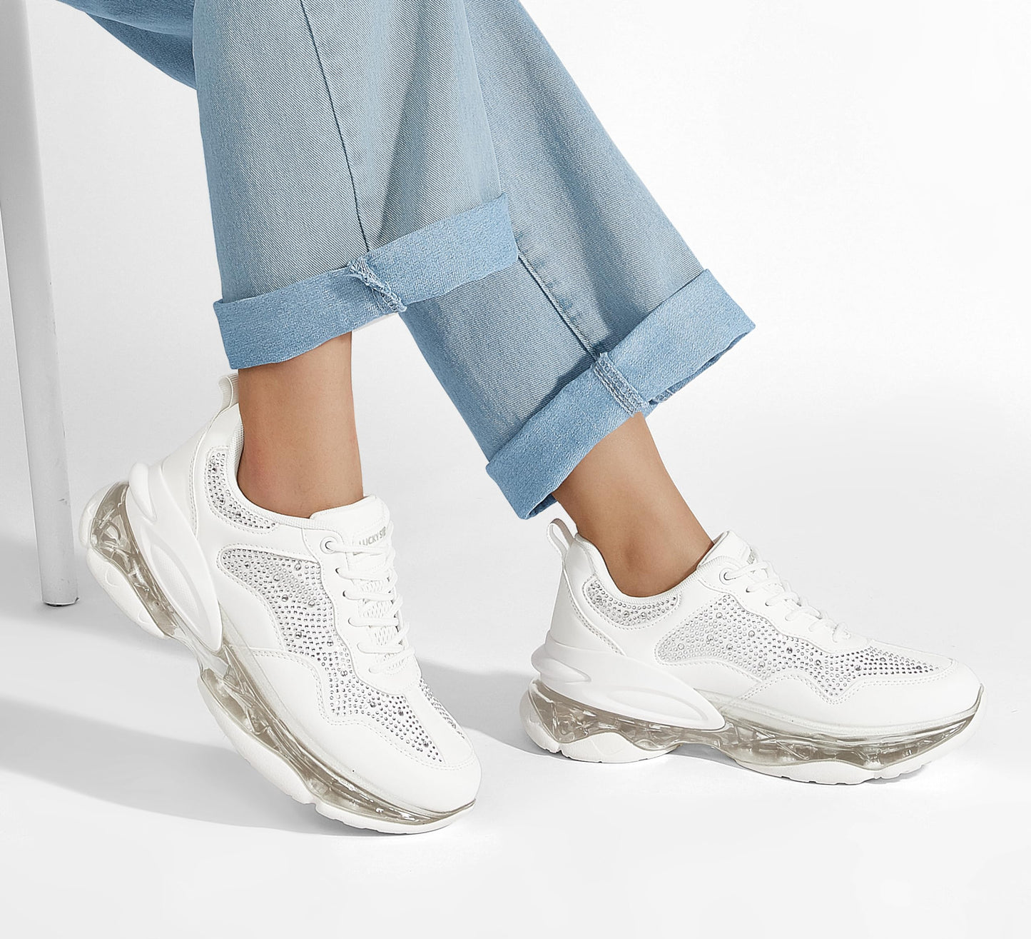 LUCKY STEP Women's Air Cushion Rhinestone Fashion Sneakers Chunky Rave Sparkly Casual Comfortable Walking Shoes