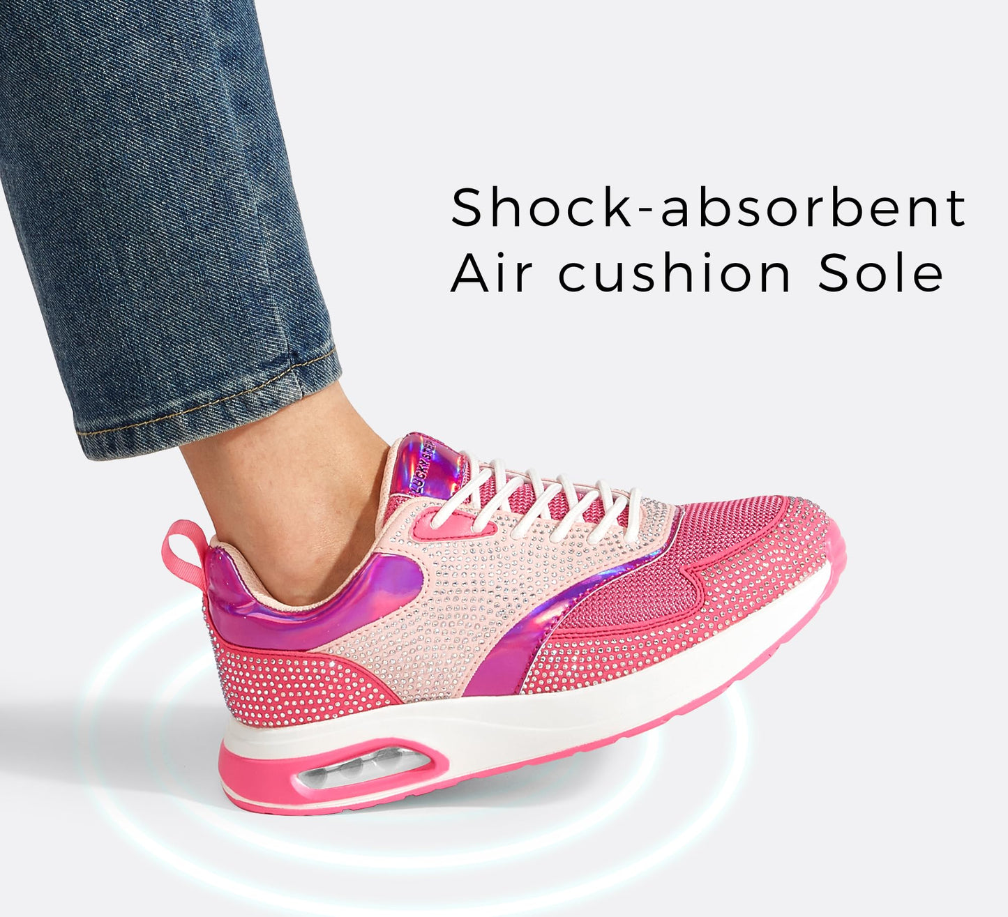 LUCKY STEP Women's Air Cushion Sneakers Rhinestone Fashion Running Gym Jogging Casual Sparkly Arch Support Walking Shoes
