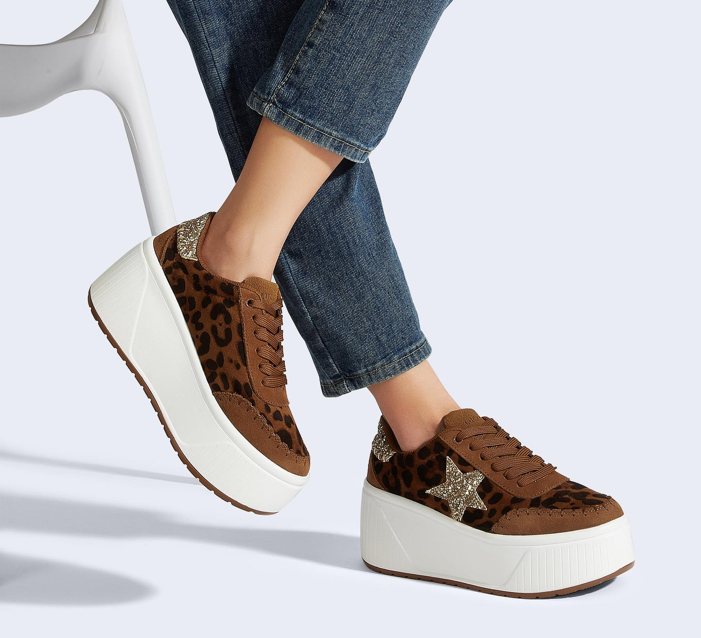 LUCKY STEP Women's Platform Chunky Sneakers Fashion Star Glitter Sparkly Wedge Walking Shoes High Heel Casual Shiny Thick Sole Footwear