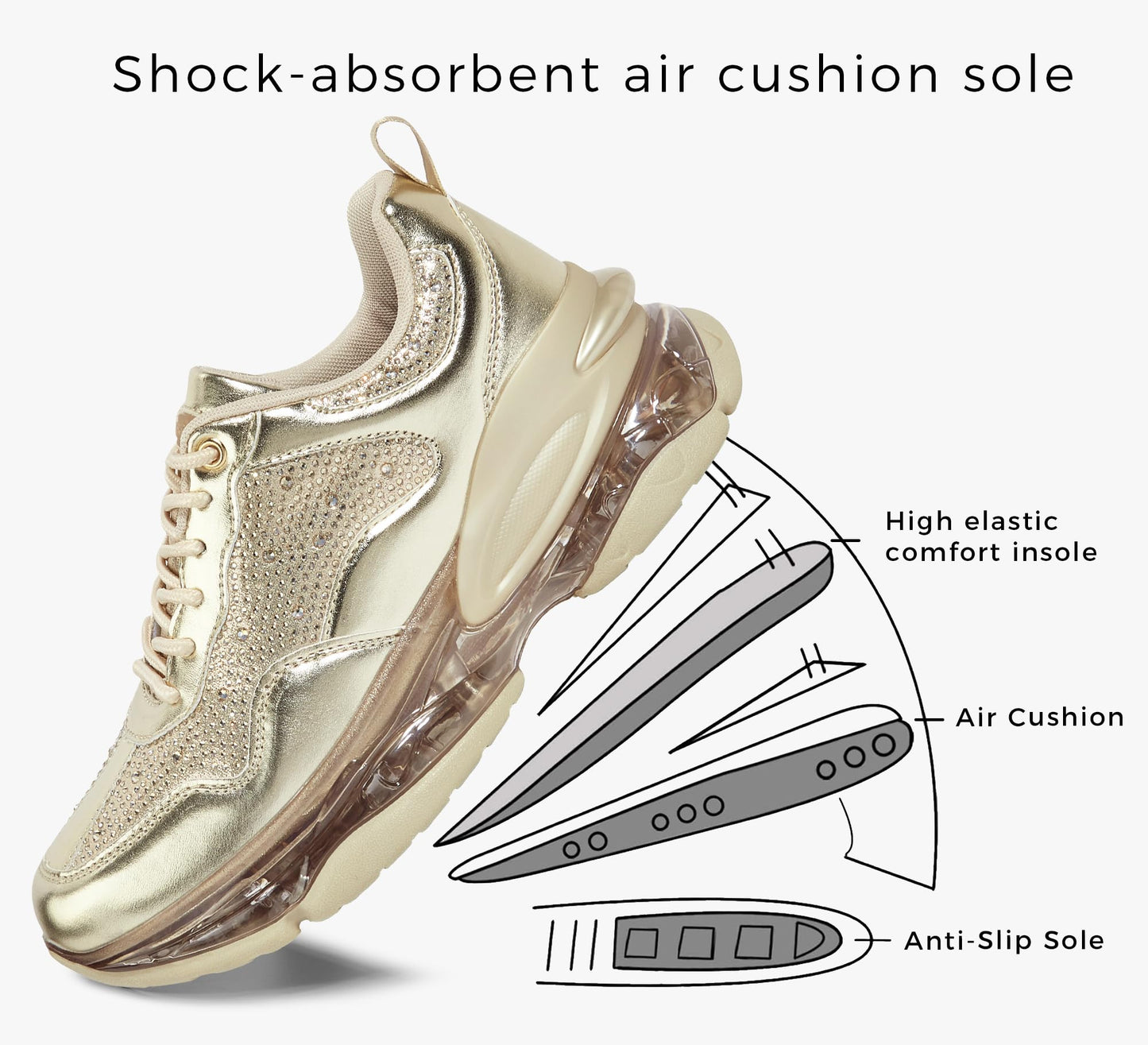LUCKY STEP Women's Air Cushion Rhinestone Fashion Sneakers Chunky Rave Sparkly Casual Comfortable Walking Shoes