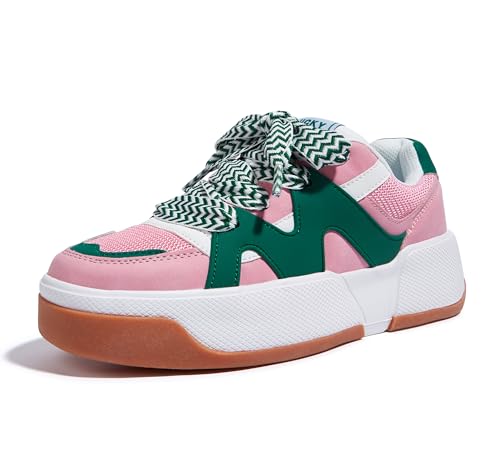 LUCKY STEP Women’s Platform Fashion Sneakers Lace up Casual Faux Leather Comfortable Thick Sole Tennis Walking Shoes