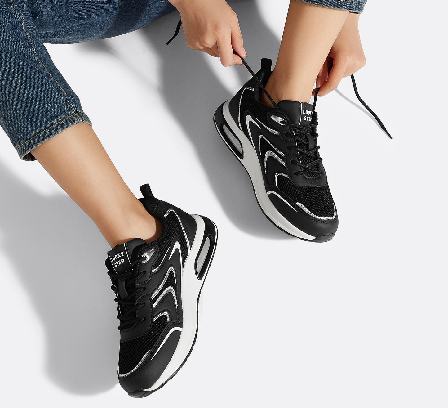 LUCKY STEP Women's Air Cushion Sneakers Rhinestone Fashion Running Gym Jogging Casual Sparkly Arch Support Walking Shoes