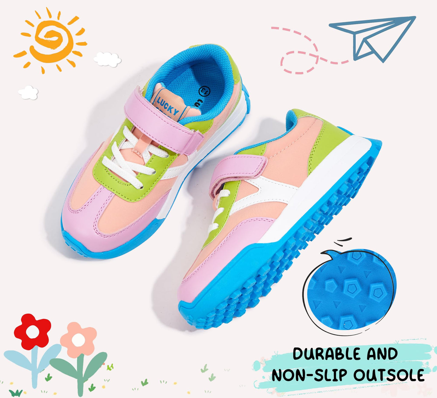 LUCKY STEP Kids Sneakers for Girls Boys Colorful Storybook Lightweight Running Shoes Hook and Loop Walking Anti-Slip Casual Shoes Athletic Unisex-Child Toddler