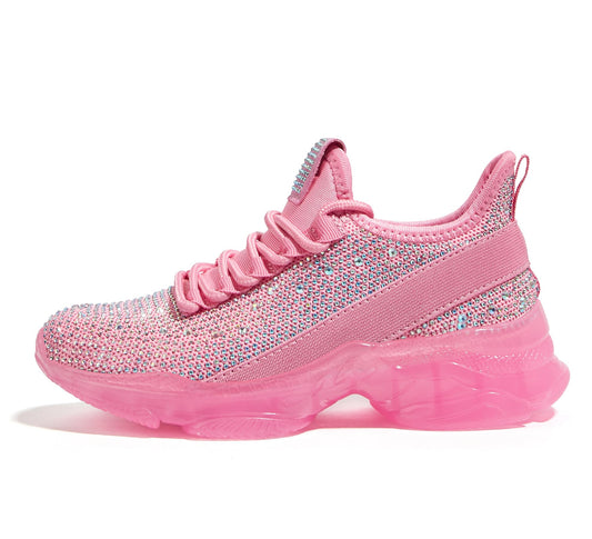 LUCKY STEP Girls Rhinestone Slip On Sneakers Kids Sparkly Lightweight Tennis School Knit Jelly Sole Glitter Walking Shoes Toddler