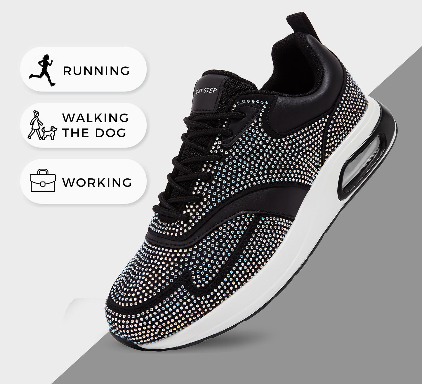 LUCKY STEP Women's Air Cushion Sneakers Rhinestone Fashion Running Gym Jogging Casual Sparkly Arch Support Walking Shoes