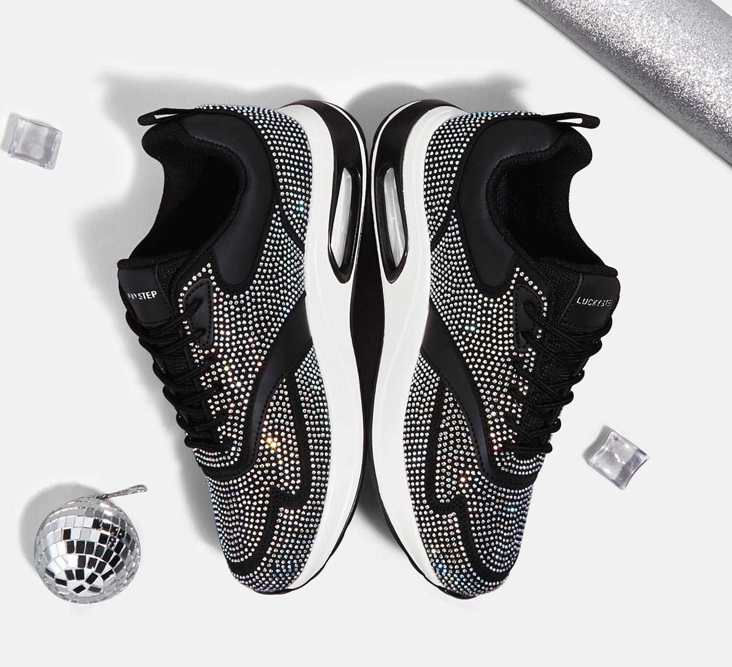 LUCKY STEP Women's Air Cushion Sneakers Rhinestone Fashion Running Gym Jogging Casual Sparkly Arch Support Walking Shoes