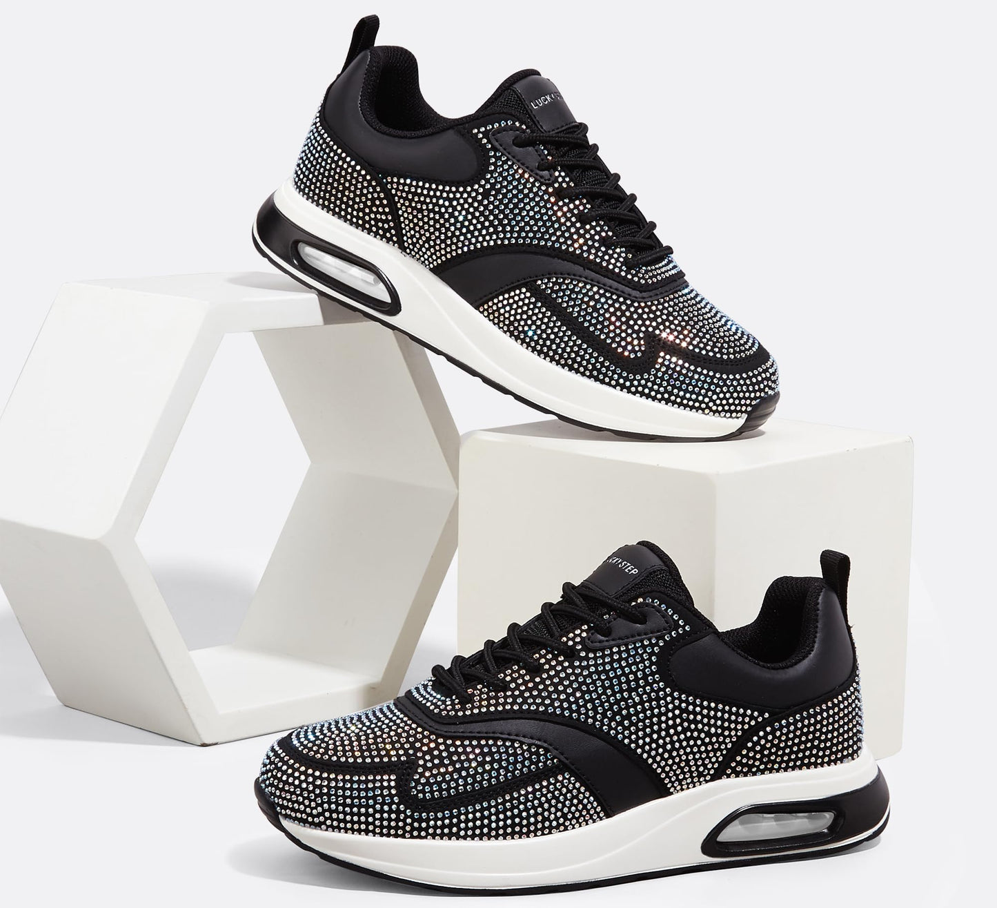 LUCKY STEP Women's Air Cushion Sneakers Rhinestone Fashion Running Gym Jogging Casual Sparkly Arch Support Walking Shoes